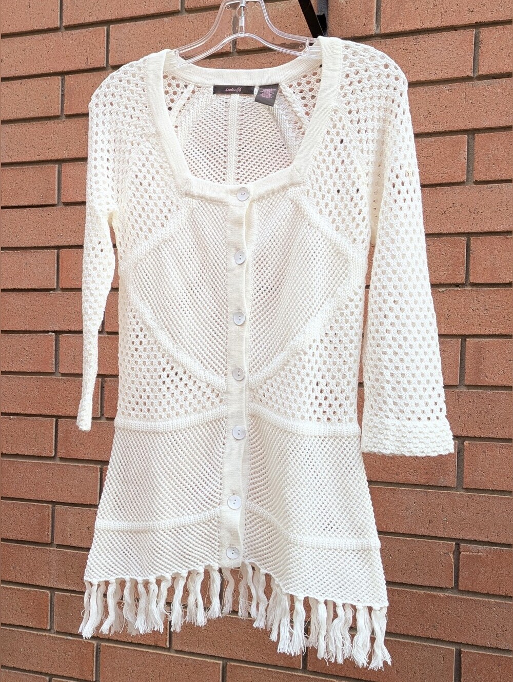 Women's (Medium) Open Knit/Crochet Fringe Button-Front Long Cardigan w/Tassels